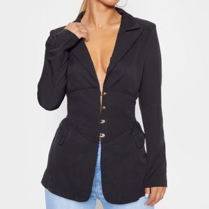 PrettyLittleThing Petite black corset woven blazer